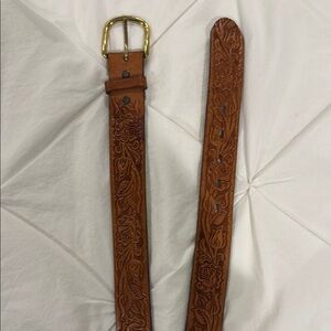 Vintage Embossed Leather Belt with Gold Buckle